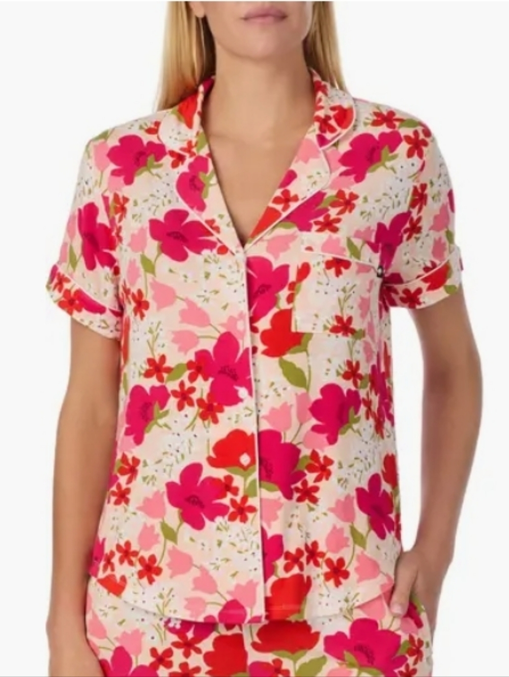 Kate Spade Bountiful Garden Floral Short Sleeve Notch Collar Button-Front PJ Top